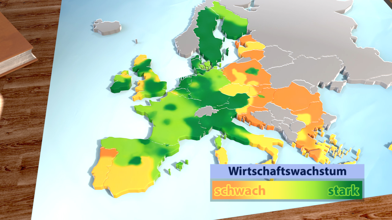 Karte von Europa, die das Wirtschaftswachstum zeigt, mit Farbcodierungen von schwach (orange) bis stark (grün).