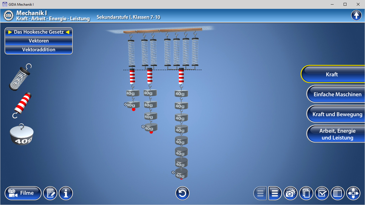 Interaktive Simulation zur Mechanik mit Kräften, Federn und Gewichten.