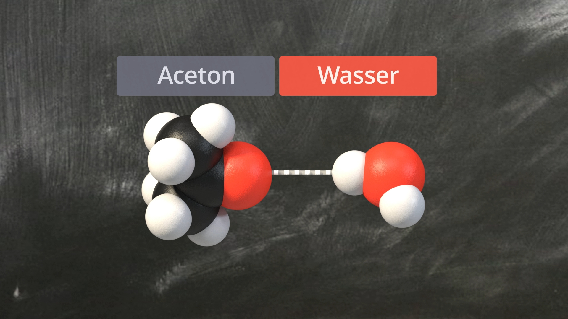 Molekülstruktur von Aceton und Wasser, mit Aceton in Schwarz und Weiß und Wasser in Rot und Weiß dargestellt.