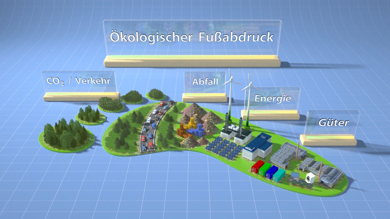 Grafik zur Darstellung des ökologischen Fußabdrucks mit Kategorien wie CO2/Verkehr, Abfall, Energie und Güter.
