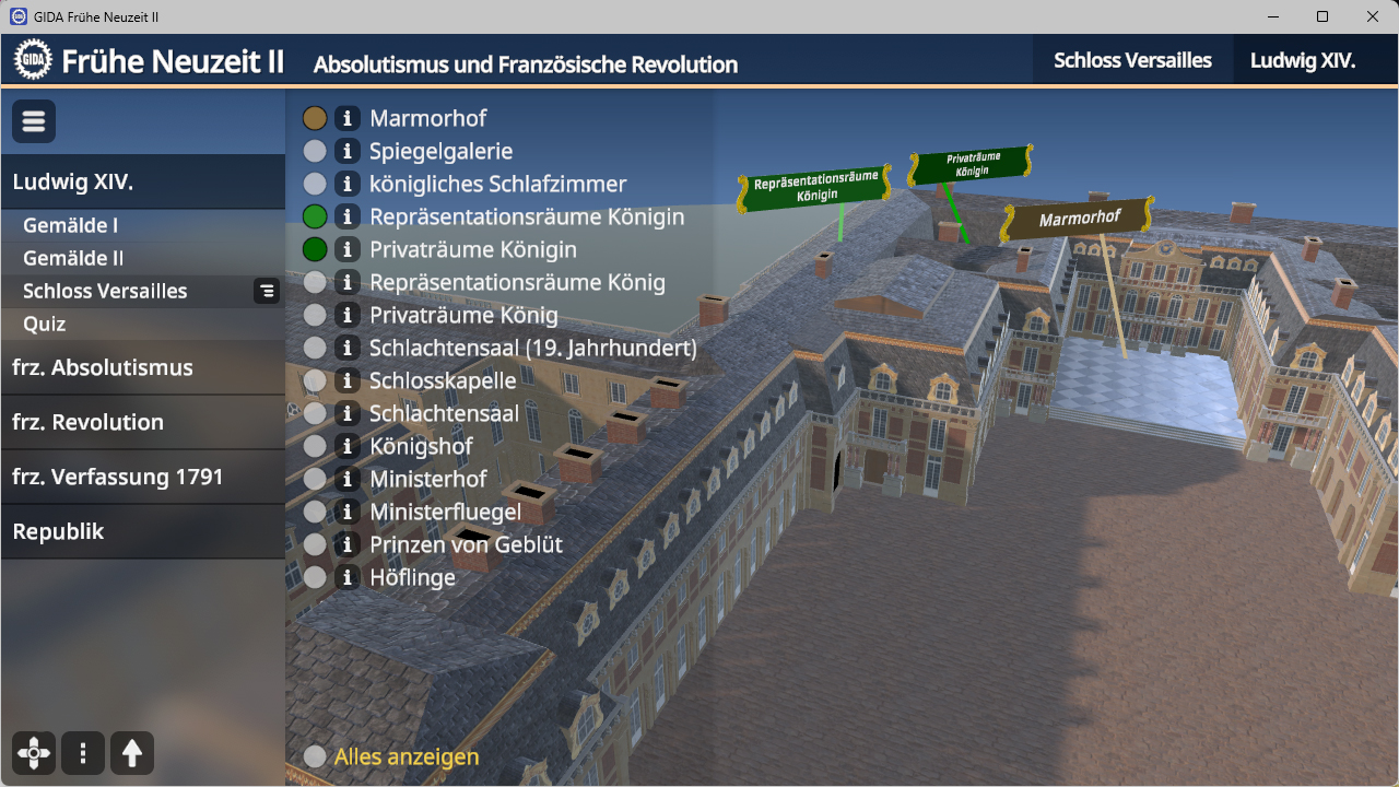 3D-Ansicht des Schlosses Versailles mit farblich markierten Bereichen und einer Legende zu verschiedenen Räumen und Funktionen