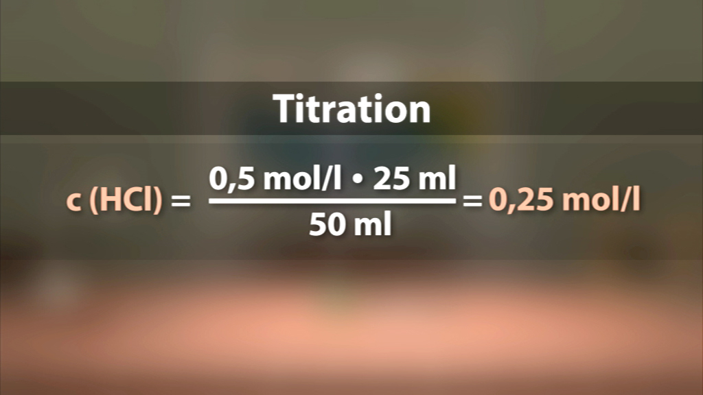 Titration mit einer Berechnung zur Konzentration von HCl: c(HCl) = 0,5 mol/l • 25 ml / 50 ml = 0,25 mol/l