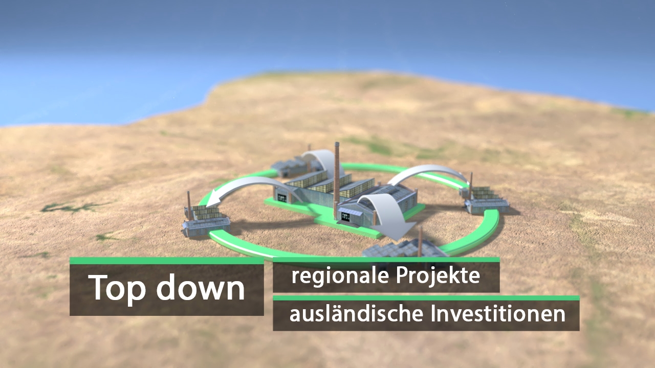 Grafik zeigt ein Netzwerk von regionalen Projekten und ausländischen Investitionen, mit dem Titel 'Top down'.