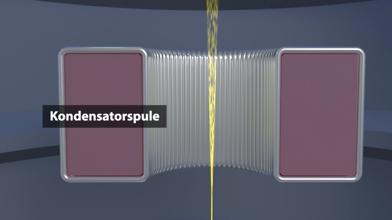Diagramm einer Kondensatorspule mit zwei rechteckigen Platten und einer elektrischen Feldlinie zwischen ihnen.