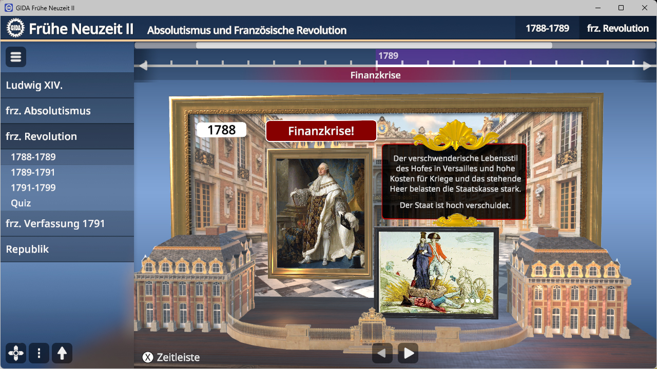 Digitale Lernplattform mit Zeitleiste zur Französischen Revolution, zeigt Gemälde von Ludwig XIV. und erläuternden Textkasten zur Finanzkrise 1788