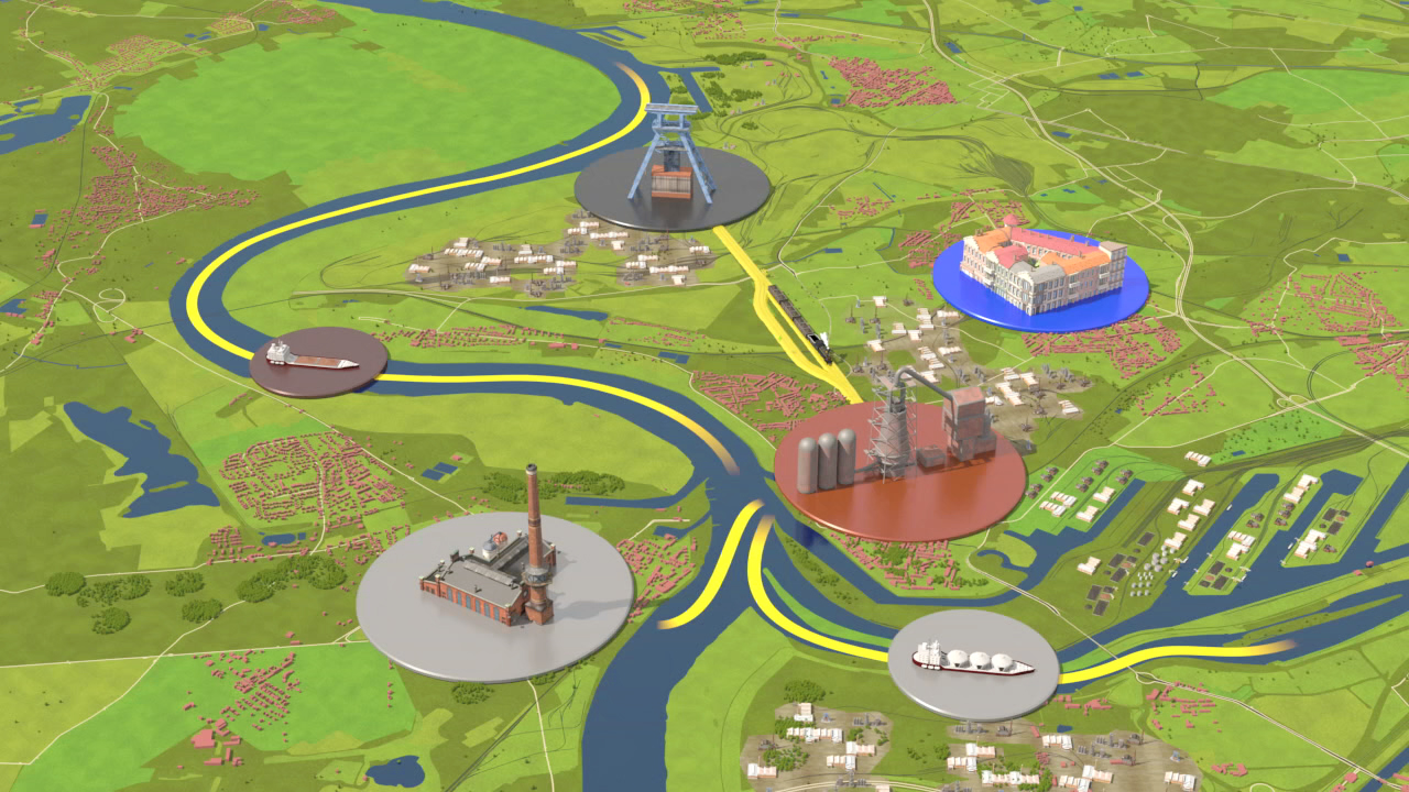 Grafische Darstellung einer Landschaft mit Fluss, Industrieanlagen und Gebäuden in verschiedenen Farben.