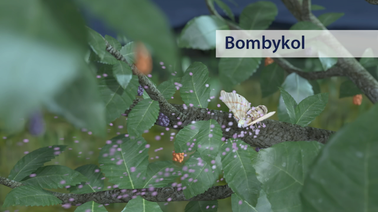 Eine digitale Darstellung eines Baumes mit Blättern und einer weißen Motte auf einem Ast, umgeben von schwebenden Partikeln.