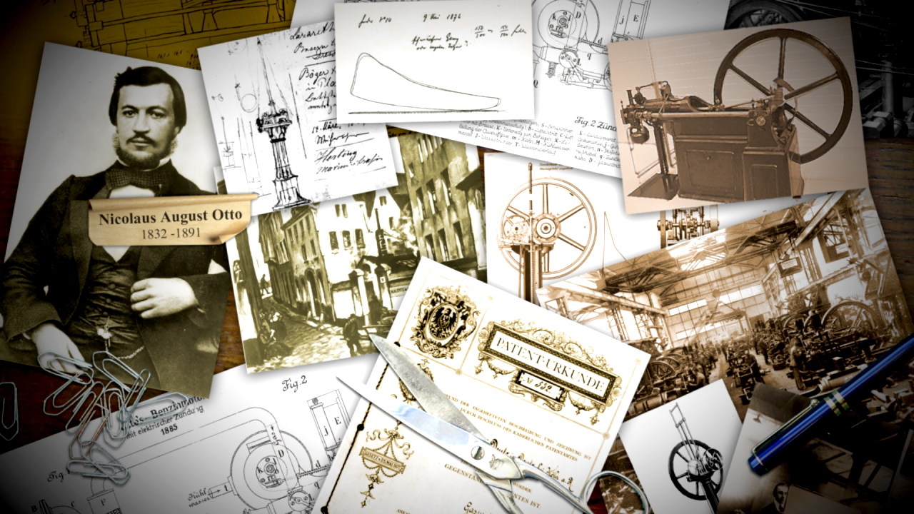 Collage von historischen Dokumenten und Bildern über Nikolaus August Otto, Erfinder des Viertaktmotors.