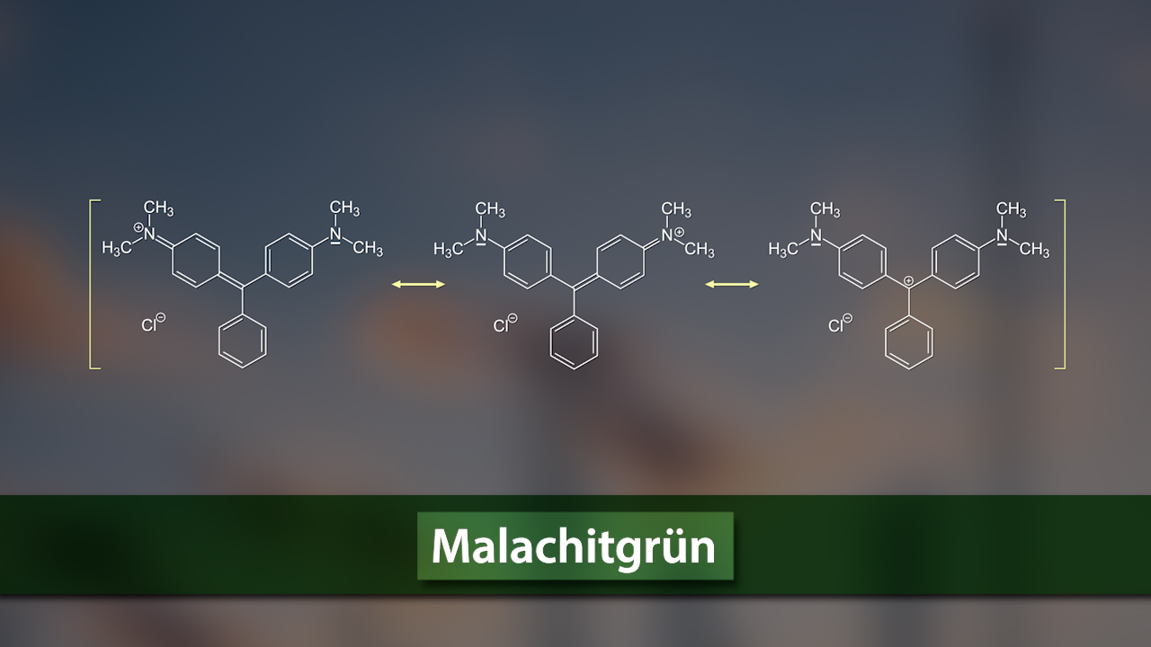 Chemische Strukturformel von Malachitgrün mit zwei Molekülen und chemischen Bindungen.