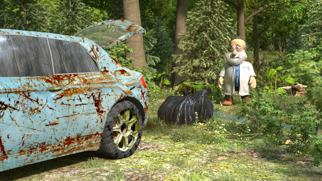 Ein animierter Wissenschaftler steht in einem Wald neben einem rostigen Auto und einem Müllsack.
