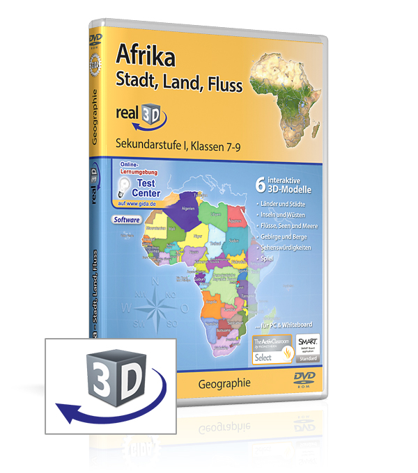 Afrika - Stadt, Land, Fluss DVD-Cover für 'Afrika: Stadt, Land, Fluss' mit interaktiven 3D-Modellen und einer Karte von Afrika.