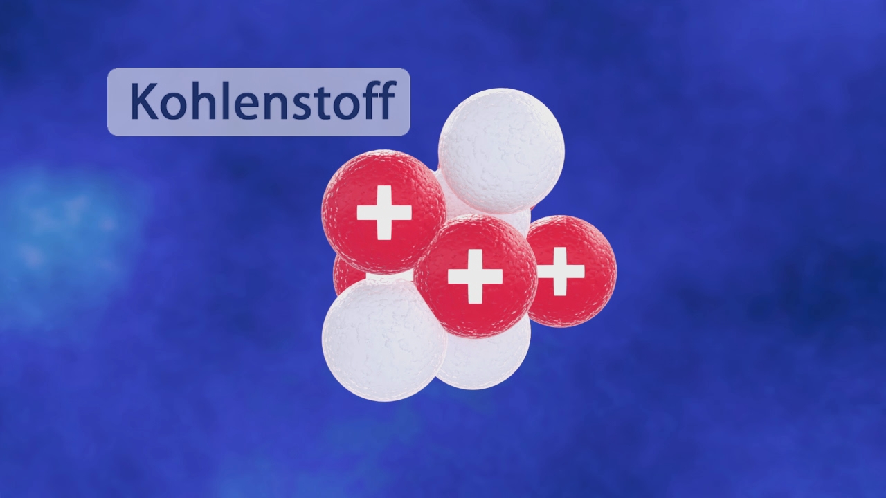 Molekülstruktur von Kohlenstoff mit roten und weißen Atomen, rote Atome mit einem Kreuz.
