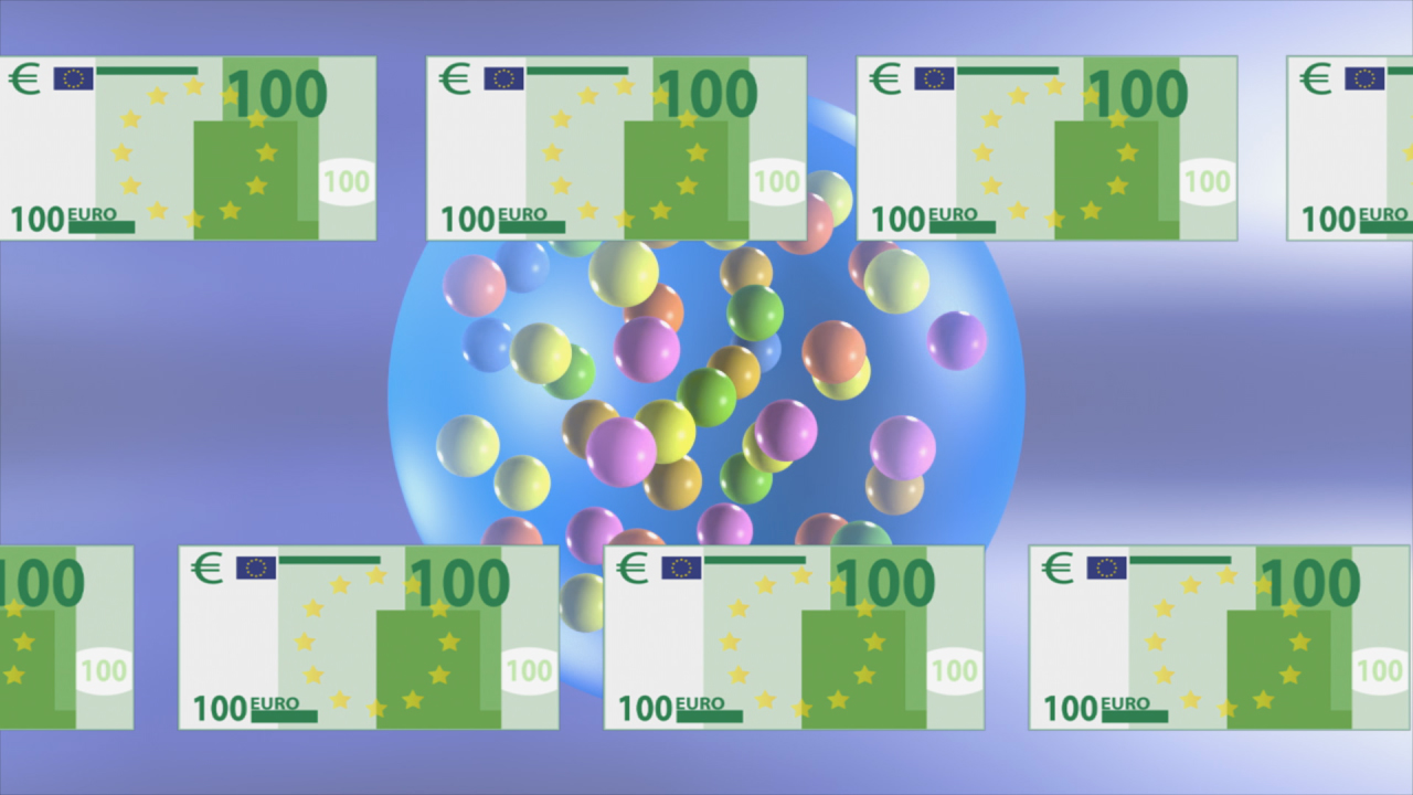 Hintergrund mit Euro-Scheinen und bunten Kugeln, die in einer blauen Kugel schweben.