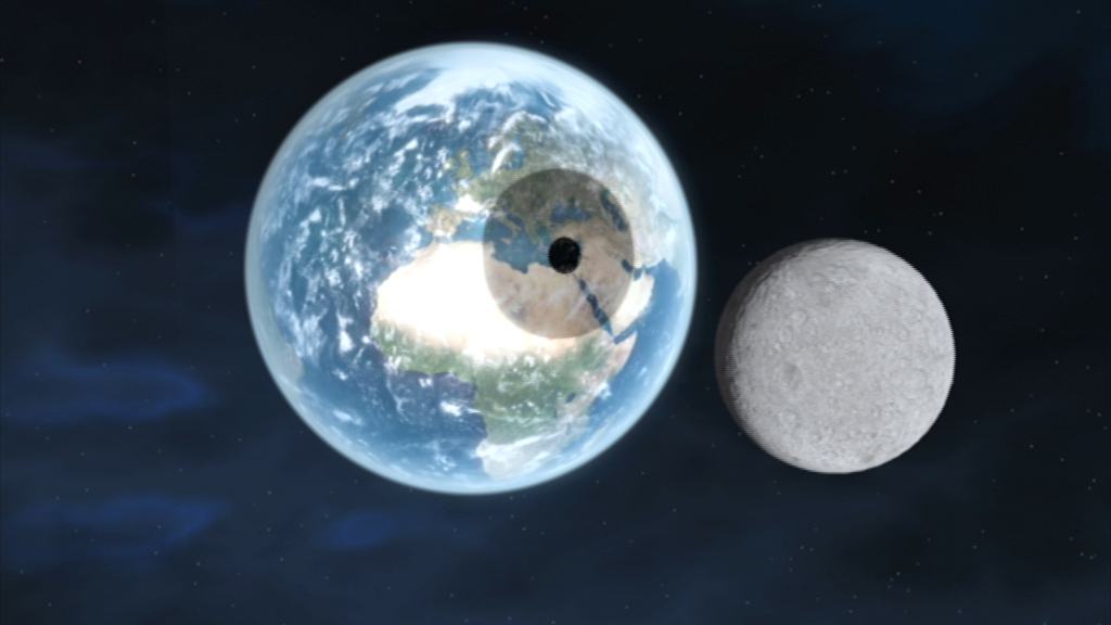 Darstellung der Erde mit einem großen Auge auf der Oberfläche und dem Mond daneben.