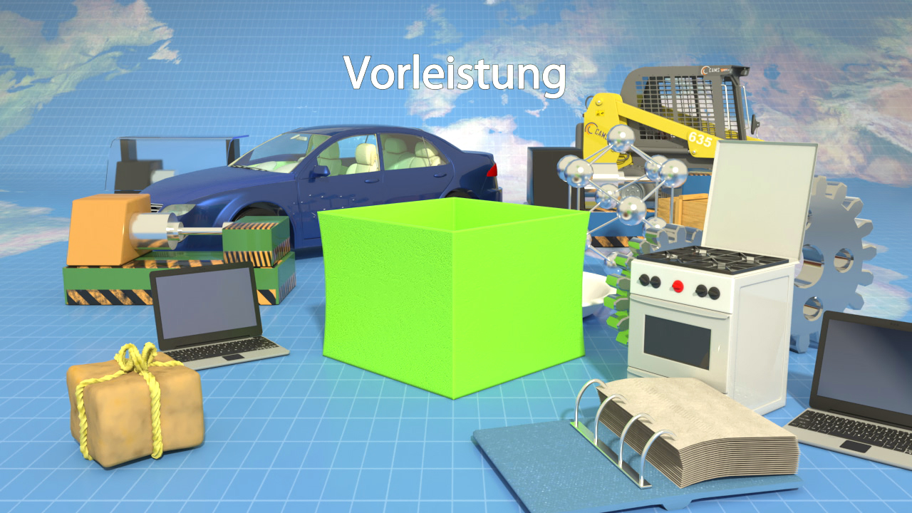 Grafik mit verschiedenen Objekten wie einem Auto, einem Laptop, einem Herd und einem Buch, um das Konzept der 'Vorleistung' darzustellen.