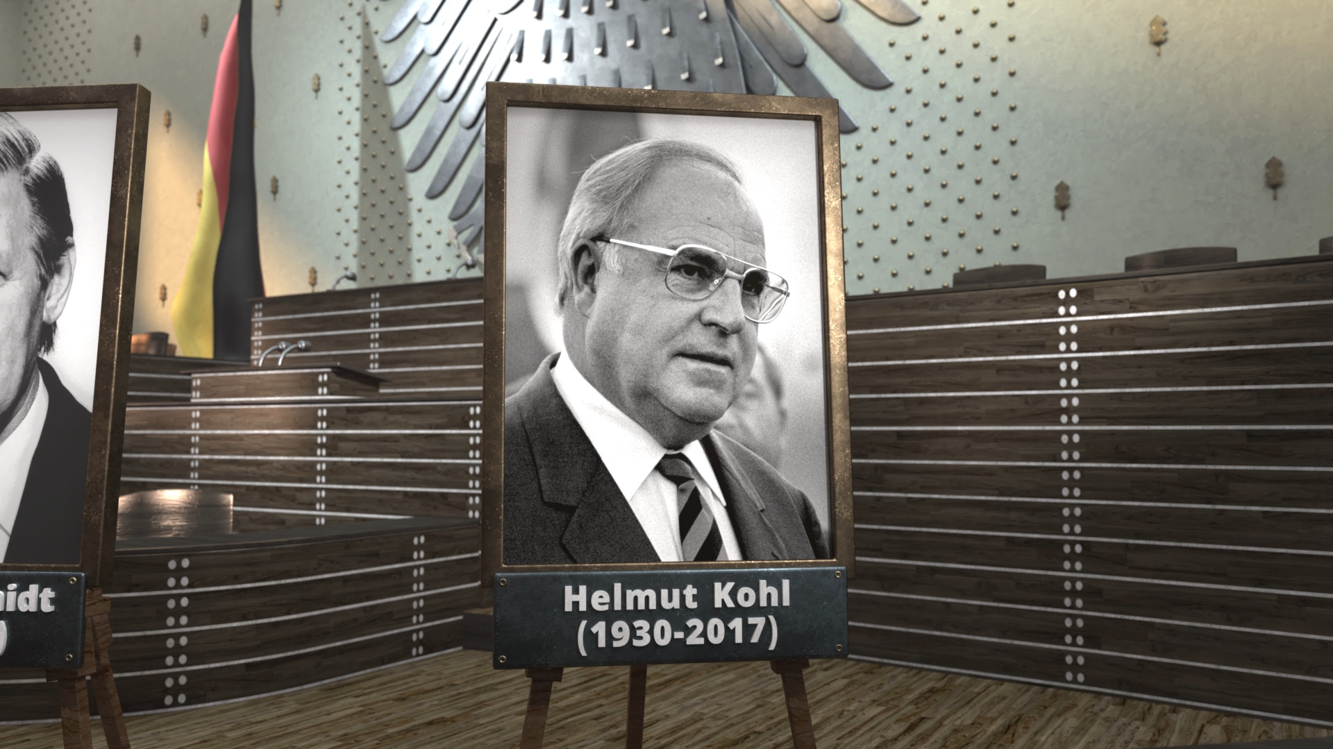 Schwarz-weiß Porträt von Helmut Kohl (1930-2017) in einem Ausstellungsraum.