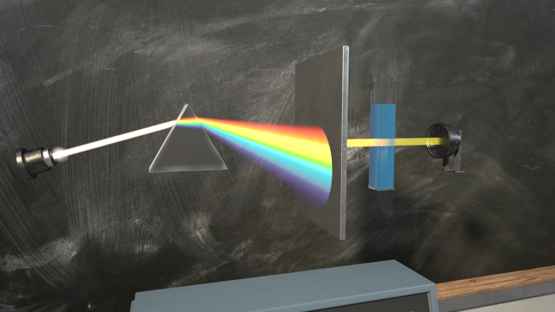 Ein Prisma, das Licht in ein Regenbogenspektrum zerlegt, mit einer Linse und einem Detektor im Hintergrund.