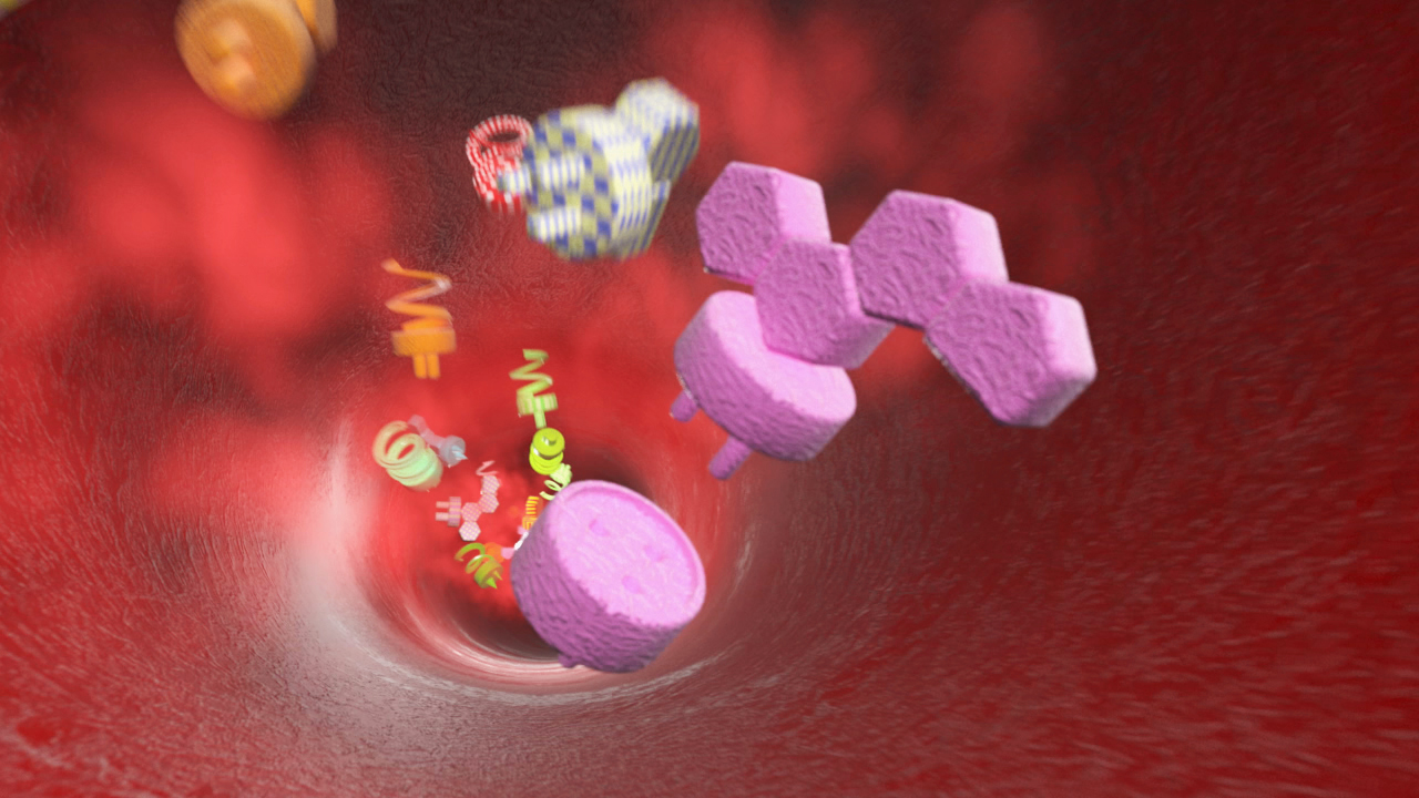 Animation von Molekülen, die durch ein Blutgefäß fließen, in verschiedenen Farben und Formen.