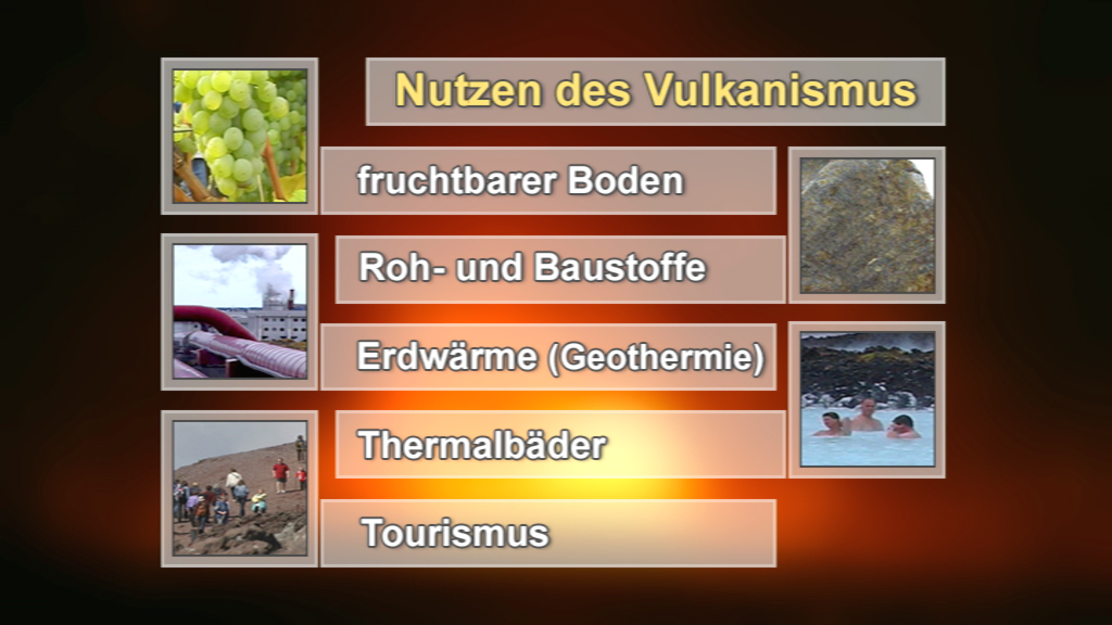 Infografik über die Vorteile des Vulkanismus, einschließlich fruchtbarem Boden, Rohstoffen, Erdwärme, Thermalbädern und Tourismus.