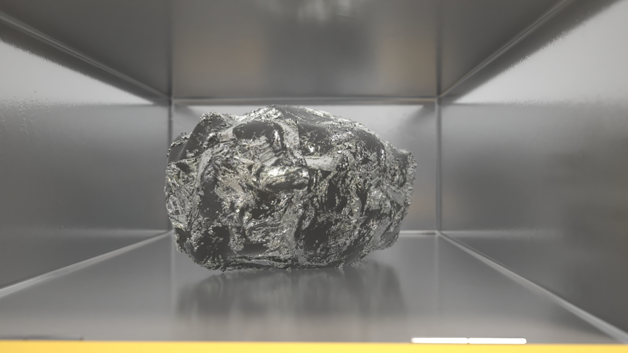 Ein glänzender, unregelmäßiger Metallblock in einem metallischen Gehäuse.