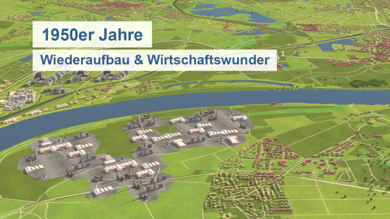 Grafik zeigt den Wiederaufbau und das Wirtschaftswunder in den 1950er Jahren mit einer Übersichtskarte.