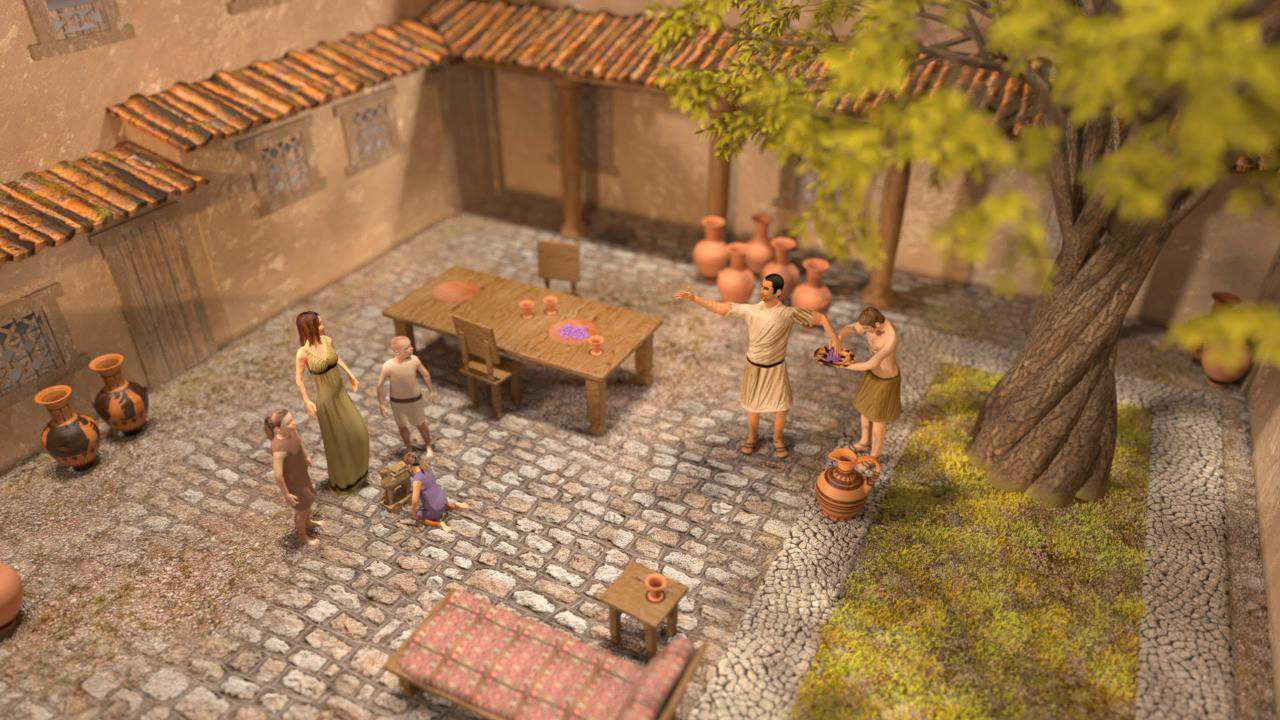 Eine historische Szene mit Figuren in einem Innenhof, die um einen Tisch versammelt sind, während eine Person etwas präsentiert.