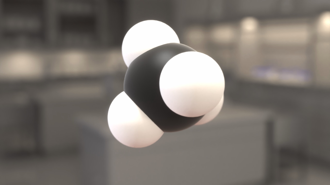 3D-Darstellung eines Moleküls mit einem schwarzen Atom in der Mitte und weißen Atomen, die um es herum angeordnet sind.