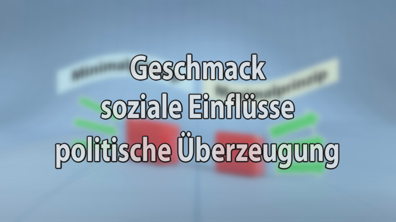 Textgrafik mit den Begriffen 'Geschmack', 'soziale Einflüsse' und 'politische Überzeugung' in verschiedenen Farben.