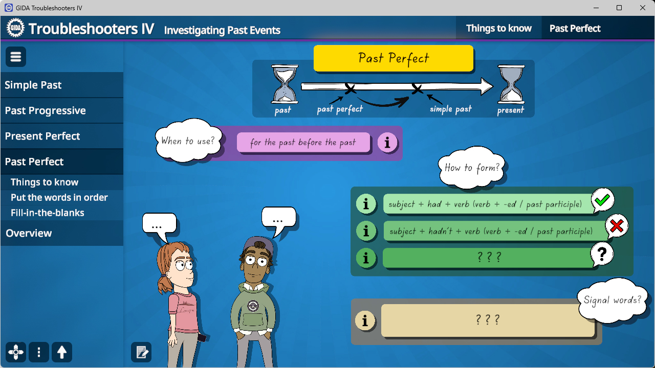 Screenshot einer Lernsoftware zu englischer Grammatik mit Erklärungen und Beispielen zum Past Perfect, zwei gezeichnete Personen und Sprechblasen mit Fragen und Hinweisen