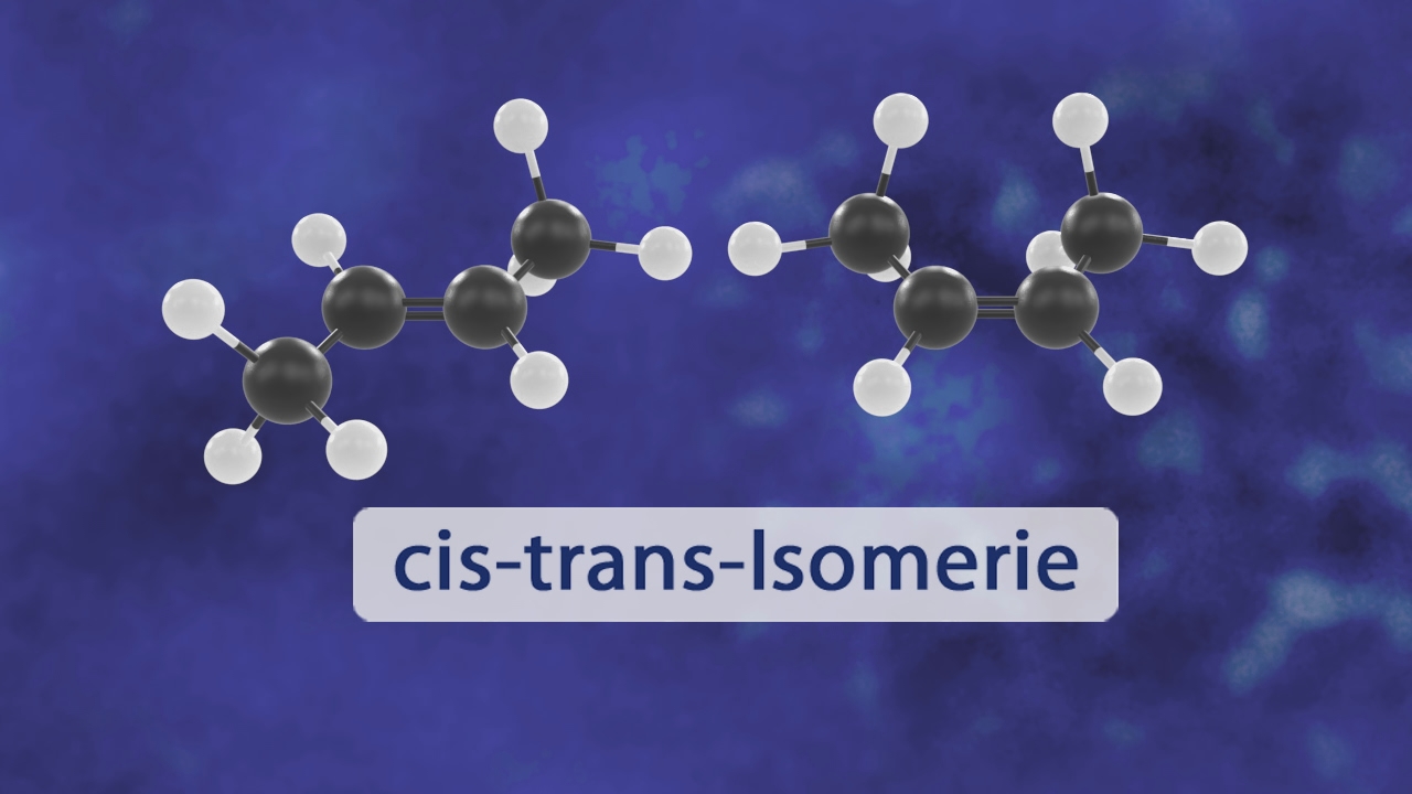 Molekülstruktur, die cis-trans-Isomerie zeigt, mit schwarzen und weißen Atomen auf blauem Hintergrund.