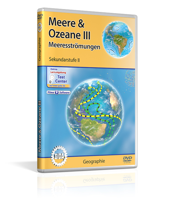 DVD-Cover für 'Meere & Ozeane III: Meeresströmungen' mit einer Weltkarte und einem blauen Hintergrund.