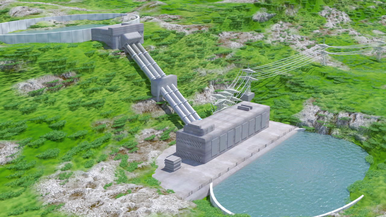 Modell einer Wasserkraftanlage mit Wasserröhren, Turbine und Stausee.