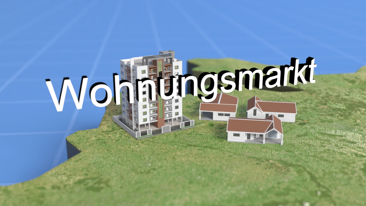 3D-Darstellung des Wohnungsmarkts mit einem Hochhaus und mehreren Einfamilienhäusern.