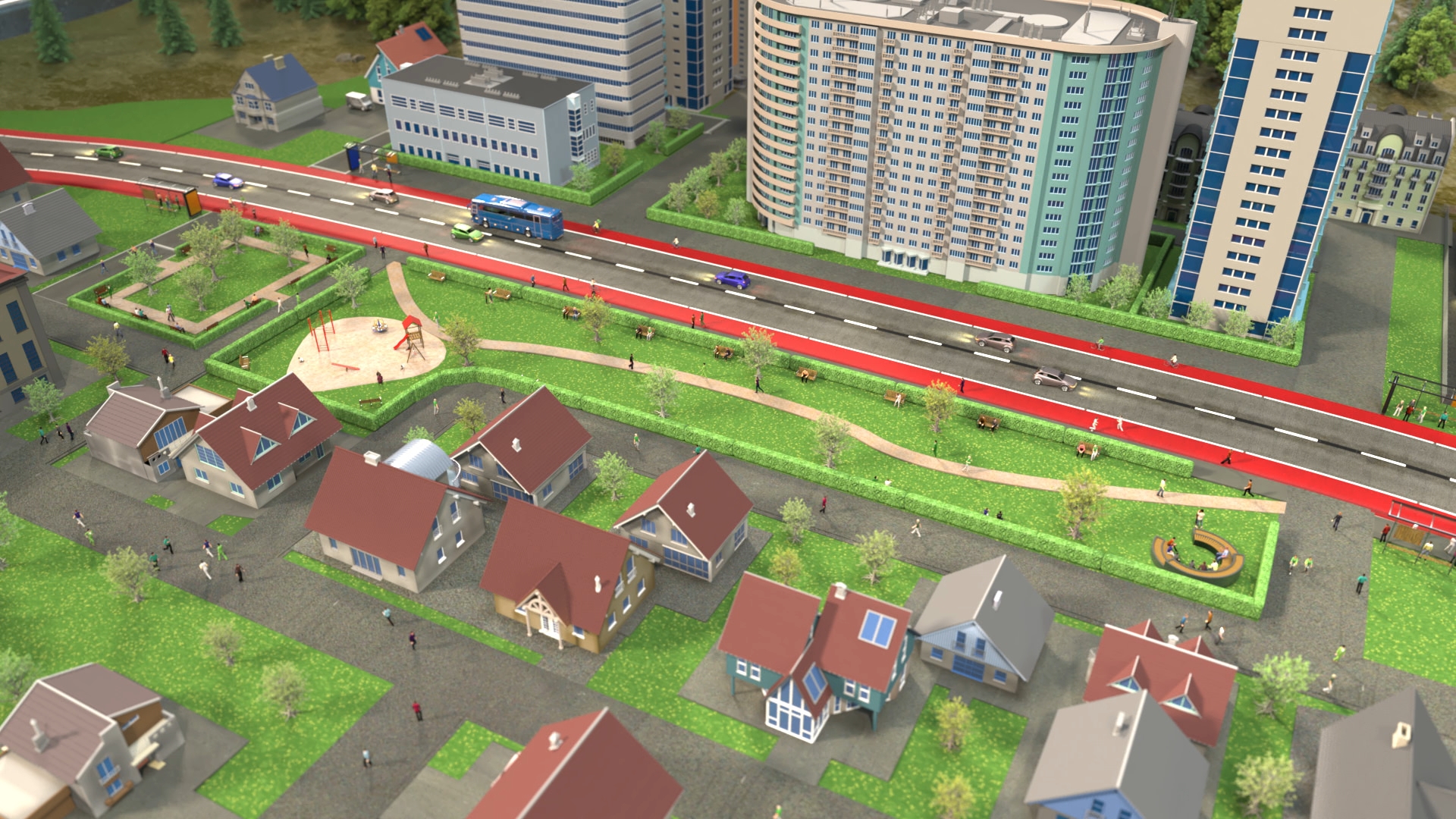 Modell einer Stadt mit Wohnhäusern, einem Park mit Wegen und einem roten Straßenbahn- oder Busgleis mit Fahrzeugen.