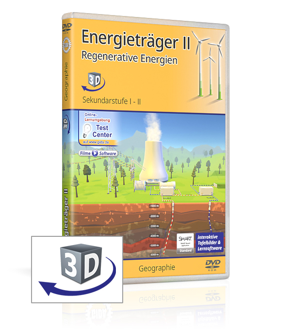 Energieträger II - Regenerative Energien DVD-Cover für 'Energieträger II - Regenerative Energien' mit Grafiken zu erneuerbaren Energien und 3D-Elementen.