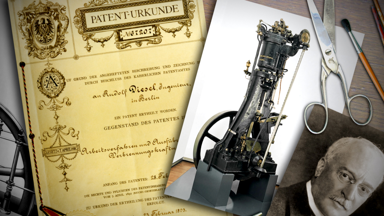 Patenturkunde für eine Maschine, daneben eine Abbildung der Maschine und ein Porträt eines Mannes.