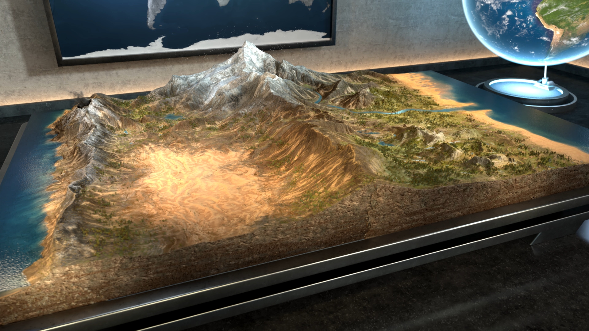 Dreidimensionales Reliefmodell einer Gebirgslandschaft auf einem Tisch mit einer Erdkugel im Hintergrund