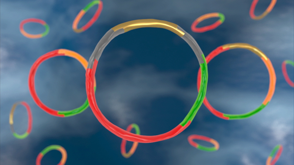 Grafik mit bunten Ringen in Rot, Grün, Gelb und Transparent, die vor einem blauen Himmel schweben.