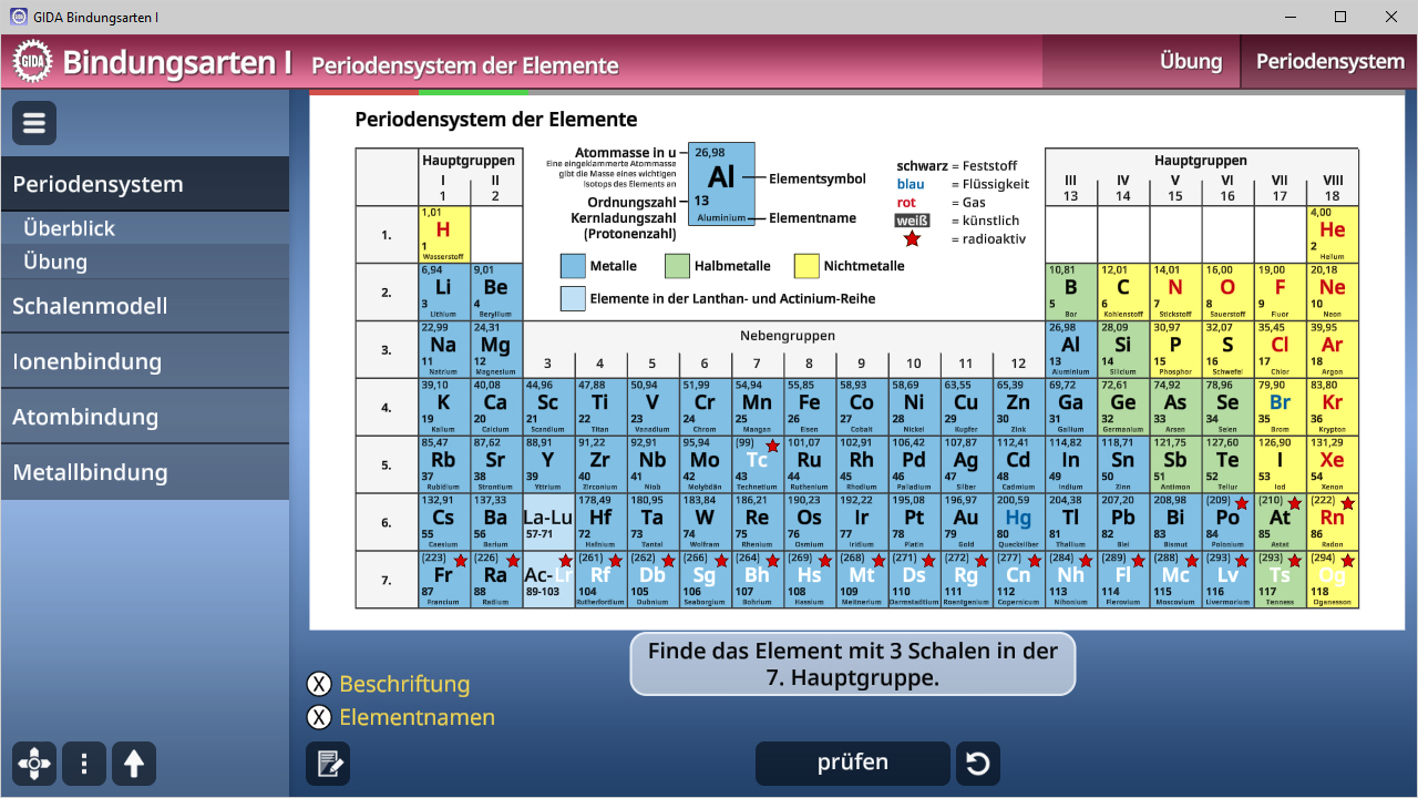 Interaktive Darstellung des Periodensystems der Elemente mit den Hauptgruppen und Elementen, einschließlich der Frage zur 7. Hauptgruppe.