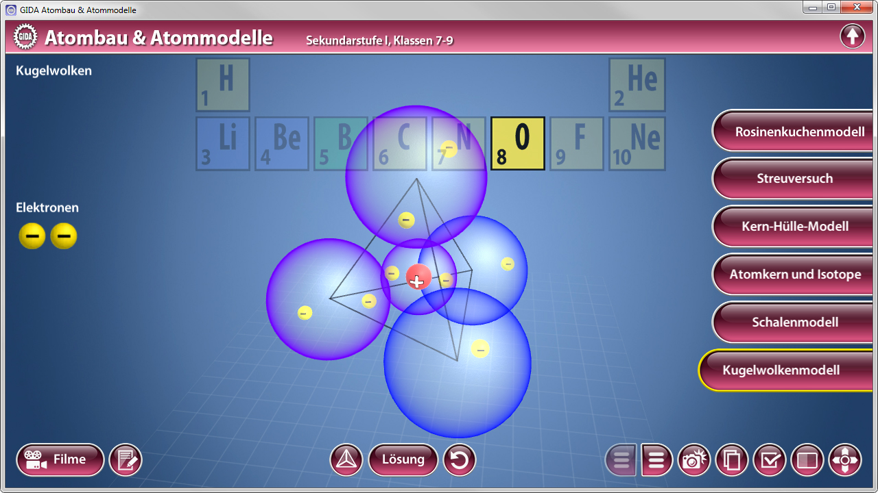 Interaktive Darstellung von Atombau und Atommodellen mit Kugelwolkenmodell und Elektronenkonfiguration.