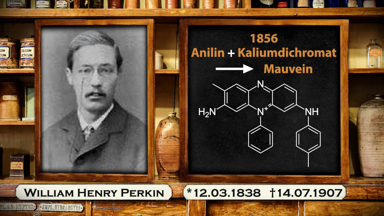 Porträt von William Henry Perkin mit chemischer Reaktion zur Herstellung von Mauvein aus Anilin und Kaliumdichromat, 1856.