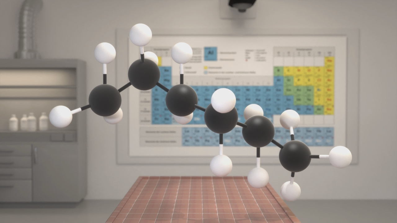 3D-Darstellung eines Moleküls mit schwarzen, weißen und grauen Atomen vor einem Periodensystem.