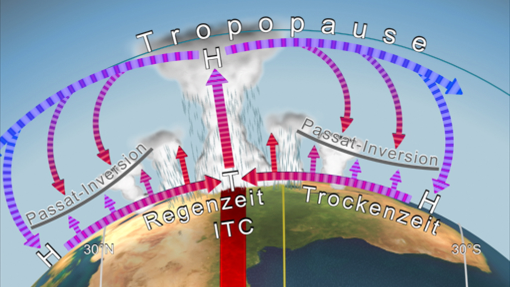 Diagramm der tropischen Wetterzonen mit Passatwinden, Regenzeit und Trockenzeit.