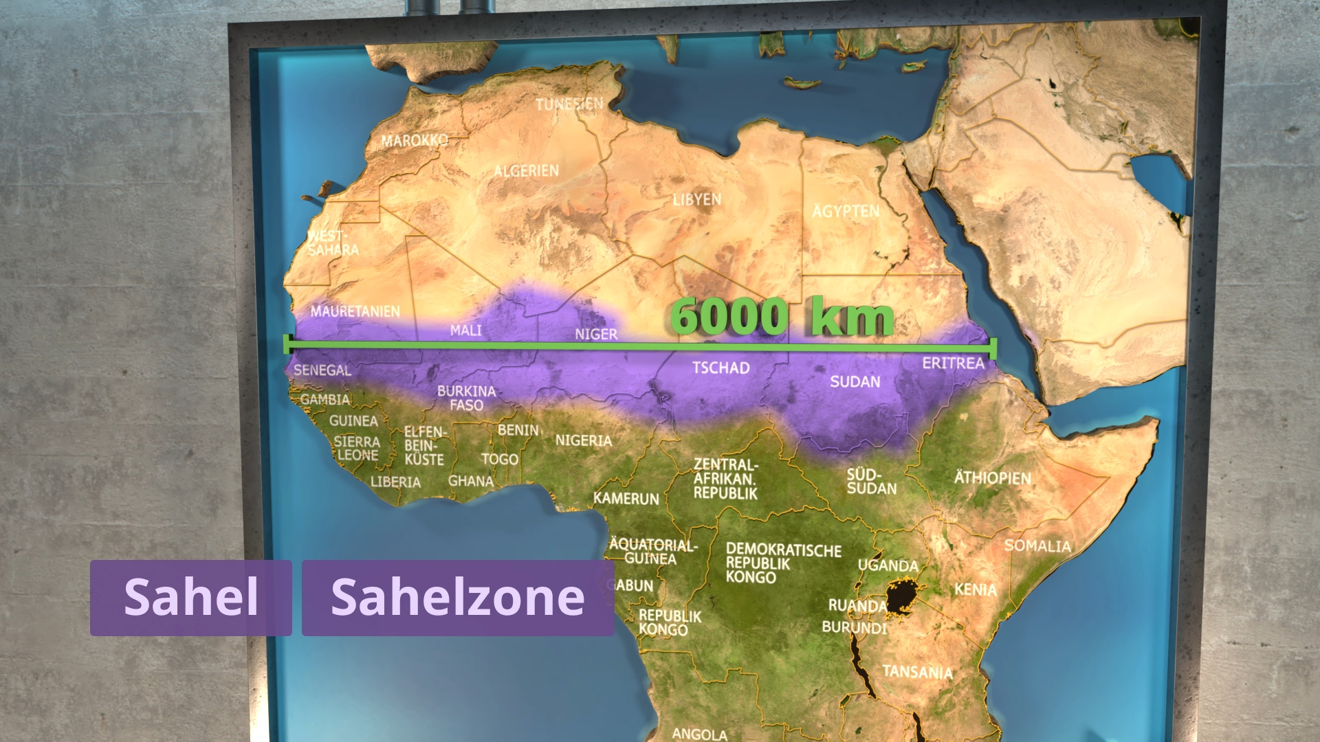 Karte von Afrika mit hervorgehobener Sahelzone, die sich über 6000 km von Mauretanien bis Eritrea erstreckt