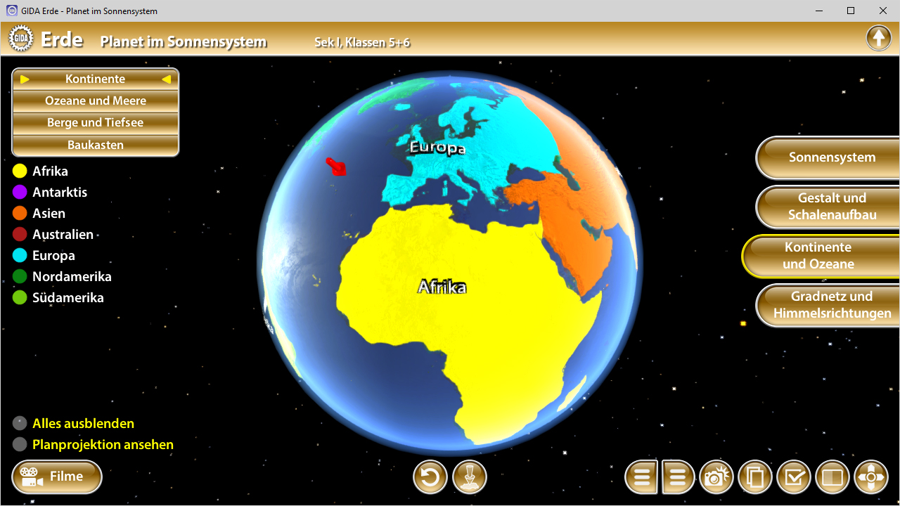 Interaktive 3D-Karte der Erde mit Kontinenten und Ozeanen in verschiedenen Farben.