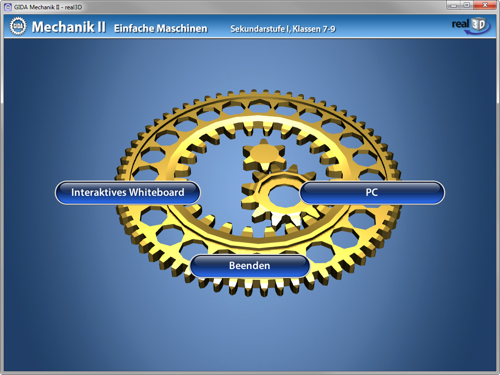 Menü der Software "Mechanik II – Einfache Maschinen".