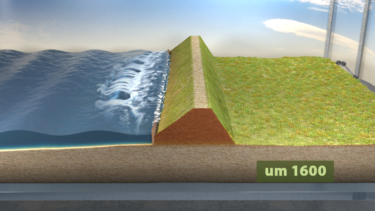Grafik, die die Küstenlinie um 1600 zeigt, mit Wasser auf der linken Seite und einer grünen, bewachsenen Landfläche auf der rechten Seite.
