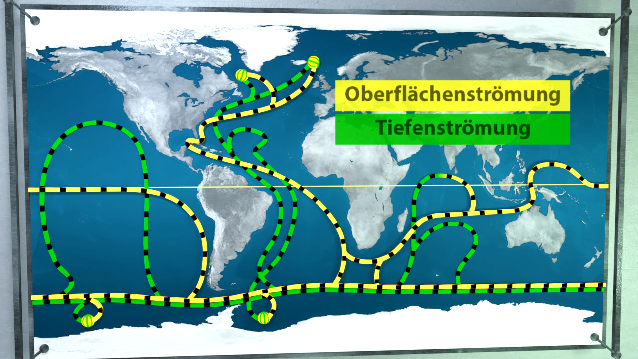 Weltkarte mit Oberflächen- und Tiefenströmungen, dargestellt durch gelbe und grüne Linien.