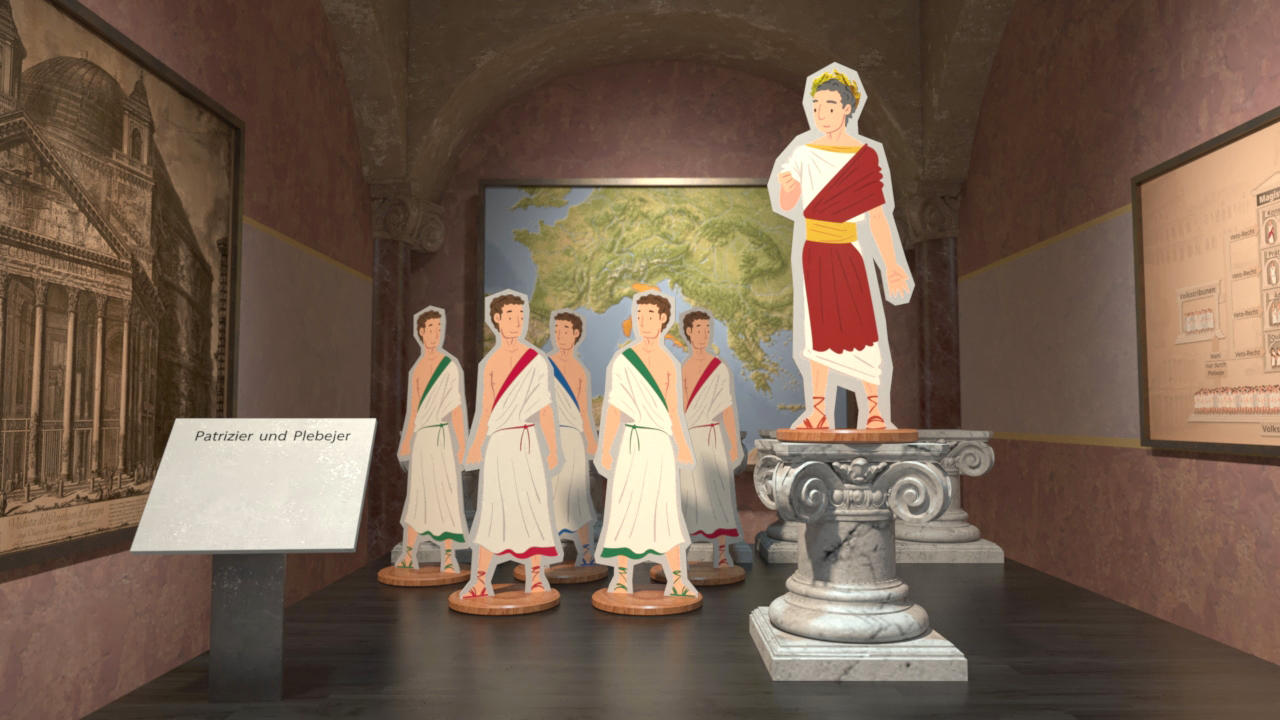 Eine Ausstellung mit Figuren von römischen Bürgern in Togen, darunter eine Statue eines jungen Mannes auf einem Sockel.