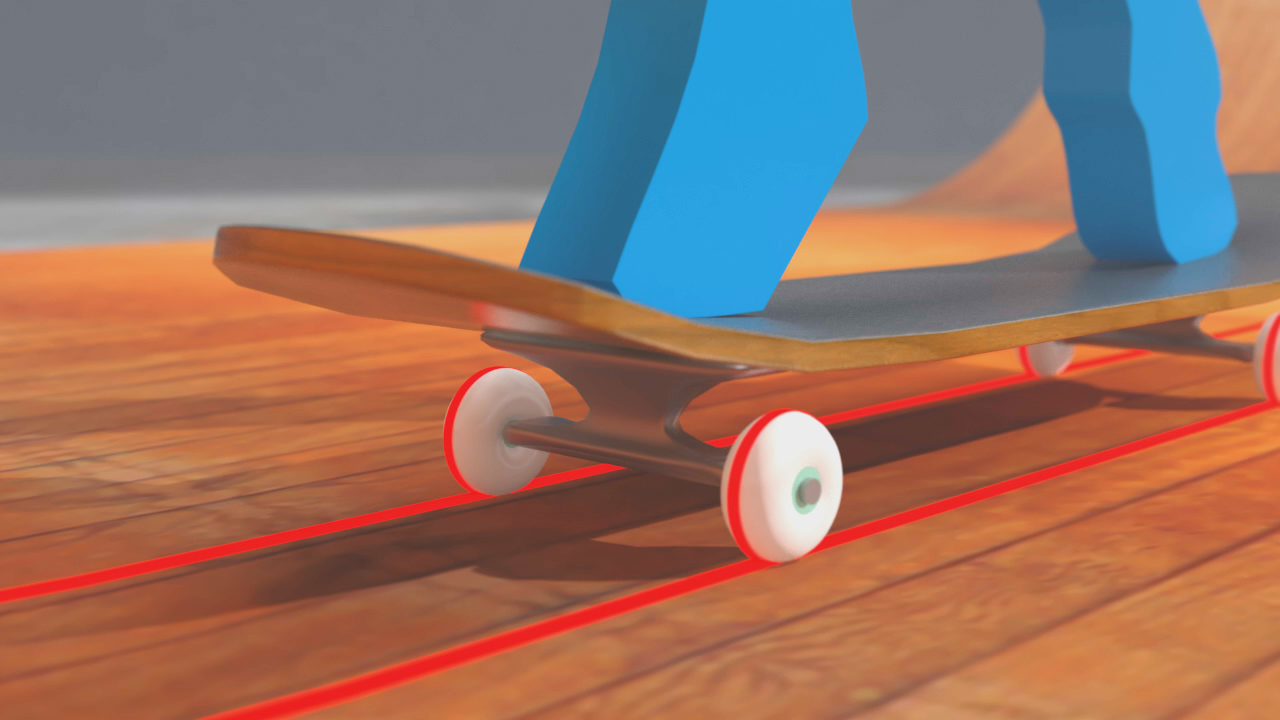 Ein Skateboard mit weißen Rädern auf einer Holzoberfläche, während eine Person in blauer Kleidung darauf steht.